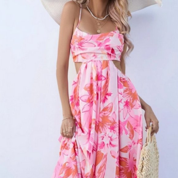 Floral print slit thigh cutout waist backless Maxi dress - Picture 4 of 8